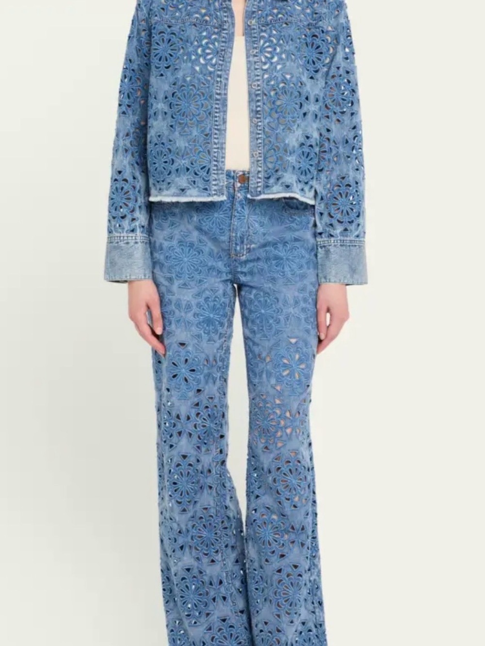 High-Rise Blue Floral Laser-Cut Wide-Leg Jeans - Picture 5 of 10
